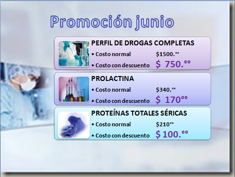perfil de drogas completas, prolactina, proteinas totales sericas, promocion
